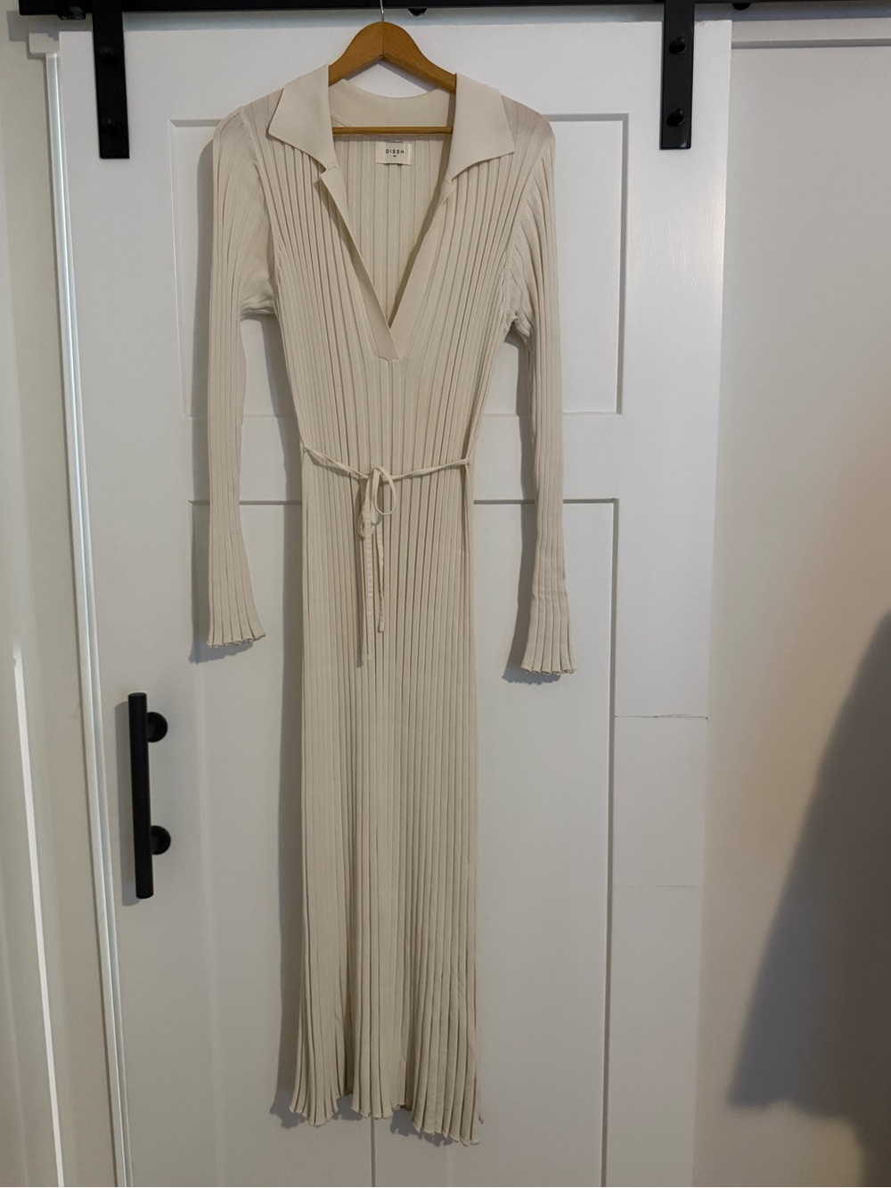 DISSH Ribbed Cream Long Sleeve Maxi Dress with Waist Tie EUC 1368